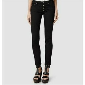 Allsaints Women's Button Mast Skinny Jeans Black Button Fly Stretch 25